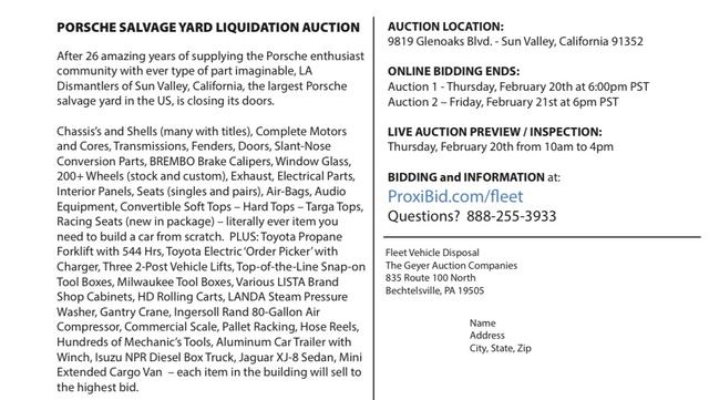 LA Los Angeles Dismantler - Porsche Parts 911 Boxster Cayman Shipping Worldwide 20+ Years