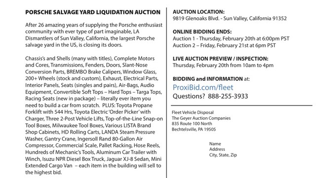 LA Los Angeles Dismantler - Porsche Parts 911 Boxster Cayman Shipping Worldwide 20+ Years